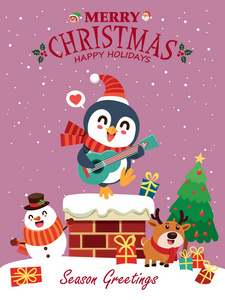 老式圣诞海报设计与矢量雪人驯鹿企鹅圣诞老人精灵人物。