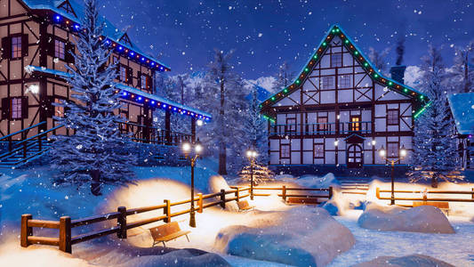 舒适的高山乡镇，有照明的半蒂姆堡房屋和白雪覆盖的广场，在降雪的冬季夜晚有路灯。 没有人从我自己的3D渲染文件3D插图。