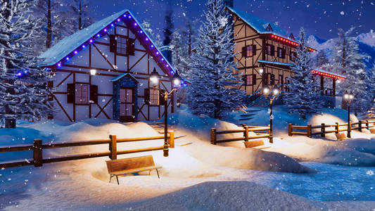 舒适的雪行高山村高山，一半时间的农村房屋和圣诞灯在冬季夜晚下雪。 没有人从我自己的3D渲染文件3D插图。