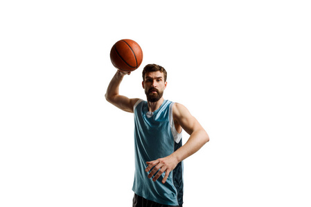 瞄准篮球运动员在白色照片