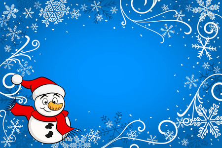 带有雪人的蓝色圣诞背景矢量插图