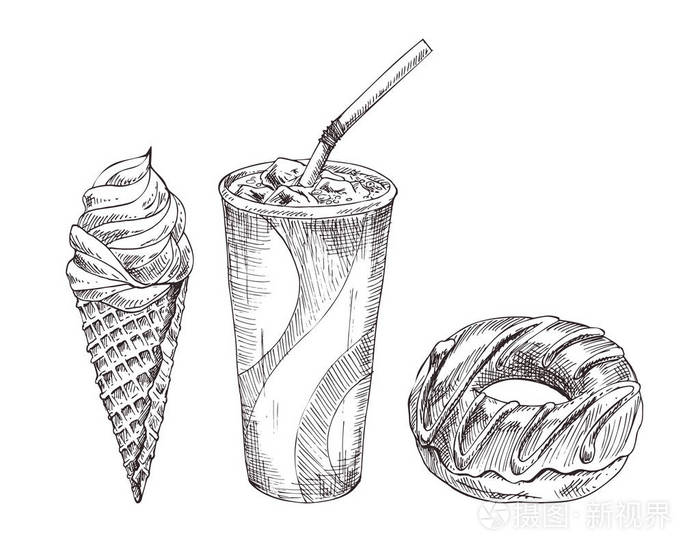 可乐纸杯甜品向量单色素描