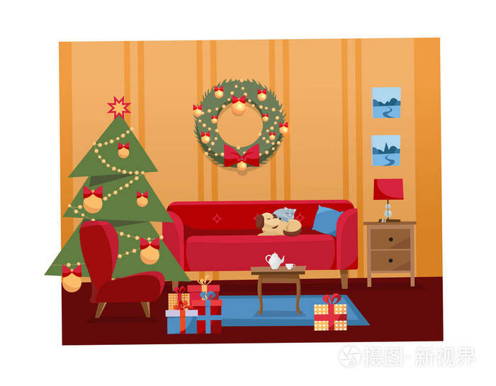 圣诞节平面卡通矢量内部插图客厅装饰假日.