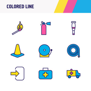 9个必要图标的向量例证被着色的线。可编辑的软管出口救护车和其他图标元素