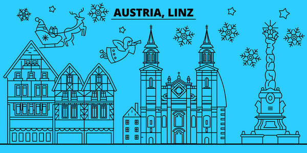 奥地利, 林茨寒假天际线。圣诞快乐, 新年快乐用圣诞老人装饰的横幅。奥地利, 林茨线性圣诞节城市例证