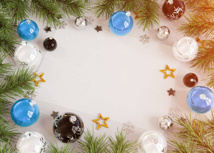 圣诞卡模型在白色木材与蓝色鲍布尔斯三维渲染