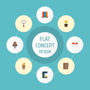 一套局图标平面风格符号与咖啡机, 通讯簿, 花盆和其他图标为您的网络移动应用程序徽标设计