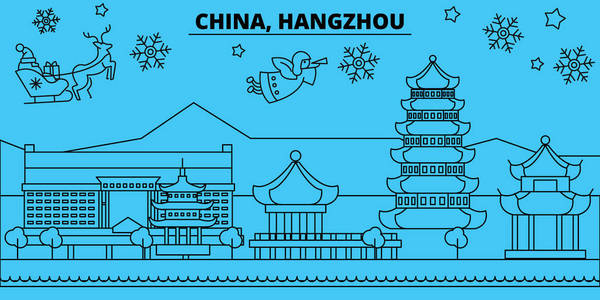 中国杭州寒假天际线。圣诞快乐, 新年快乐的旗帜装饰圣诞老人. 中国, 杭州线性圣诞城市矢量平面插图
