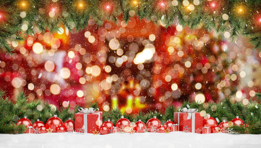 红色圣诞包和礼物排在红色背景3D渲染上