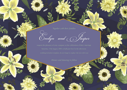 婚礼花卉邀请卡。 矢量水彩绿林叶蕨枝桉树。 白百合的花。 装饰几何角架。 背景为蓝色梯度