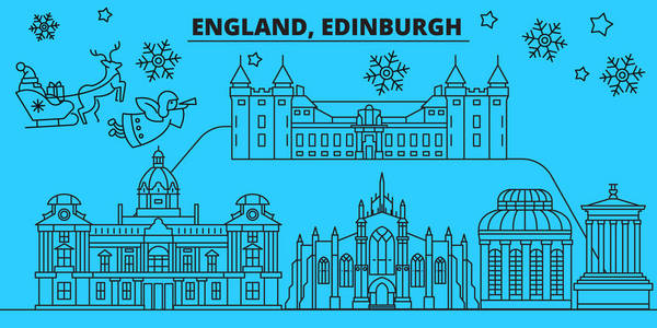 英国, 爱丁堡冬季假期天际线。圣诞快乐, 新年快乐的旗帜装饰圣诞老人. 英国, 爱丁堡线性圣诞城市矢量平面插图