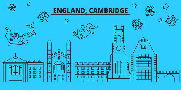 英国, 剑桥寒假天际线。圣诞快乐, 新年快乐用圣诞老人装饰的横幅. 英国, 剑桥线性圣诞城市矢量平插图