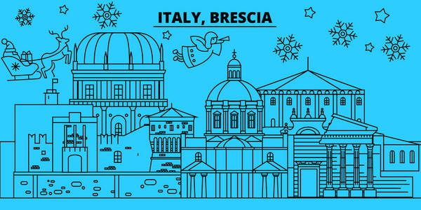 意大利, 布雷西亚寒假天际线。圣诞快乐, 新年快乐的横幅装饰与圣诞老人. 意大利, 布雷西亚线性圣诞城市矢量平面插图