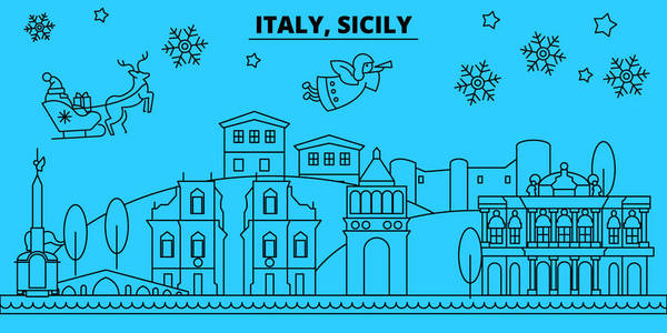 意大利, 西西里岛冬季假期天际线。圣诞快乐, 新年快乐装饰横幅与圣诞老人. 意大利, 西西里岛线性圣诞节城市向量平例证