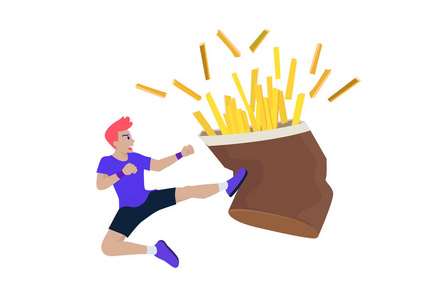 运动员跳起来踢薯条。他想赢，停止吃垃圾食品。
