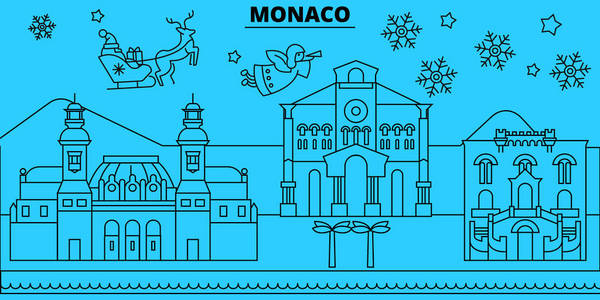 摩纳哥寒假天际线。圣诞快乐, 新年快乐装饰与圣诞老人的横幅. 摩纳哥线性圣诞节城市向量平例证