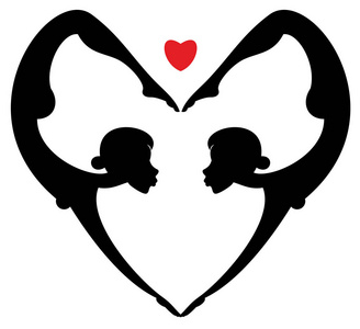 心瑜伽或体操符号..由两个年轻女性的轮廓构成的心瑜伽符号在白色插图上黑色