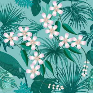 矢量热带无缝图案在格查尔绿色。植物学设计，棕榈树和花的丛林叶。