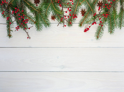 圣诞节背景冷杉枝和黄檗枝，红色水果和八角在白色木制背景