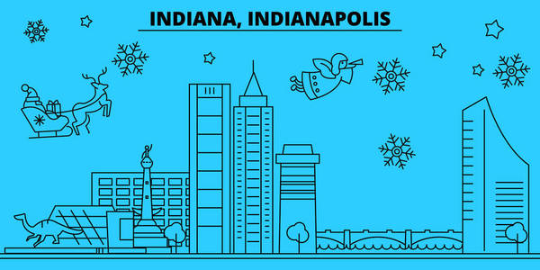 美国印第安纳波利斯冬季假期天际线。圣诞快乐, 新年快乐装饰与圣诞老人的横幅. 美国, 印第安纳波利斯线性圣诞城市矢量平面插图