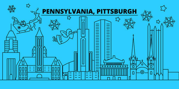 美国匹兹堡寒假天际线。 圣诞快乐，新年快乐，用圣诞老人装饰横幅。平面轮廓矢量。美国匹兹堡线性圣诞城市插图