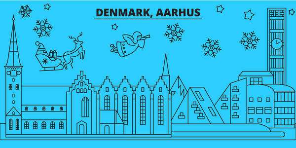 丹麦, 奥胡斯寒假天际线。圣诞快乐, 新年快乐的旗帜装饰与圣诞老人. 丹麦, 奥胡斯线性圣诞城市矢量平面插图