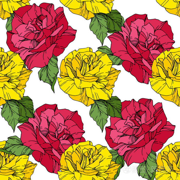 粉红色和黄色雕刻墨水艺术. 无缝背景图案. 织物壁纸印花纹理.