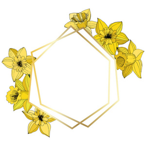 黄色雕刻墨水艺术. 框架边框装饰白色背景多面体马赛克形状.照片