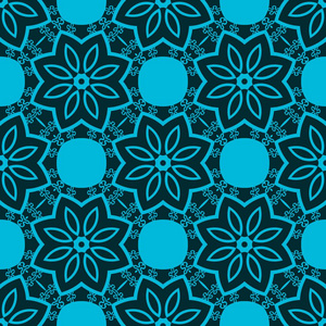 带有花哨元素的蓝色图形。 精细结构壁纸表面形式。瓷砖主题。现代时尚不规则网格形状。