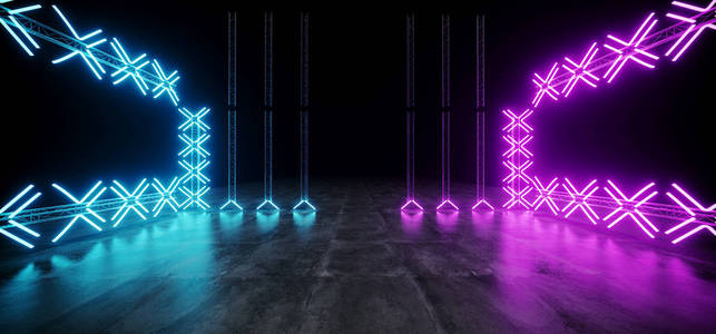 未来感S CIFI现代复古霓虹灯发光交叉形状的蓝色和紫色灯在舞台建设的黑色背景与GRUNGE混凝土反射地板背景3D渲染插图。