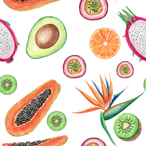 水彩水果无缝图案。 手绘插图鳄梨木瓜橙猕猴桃西番莲火龙果和白底葡萄