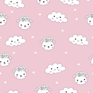 可爱的卡通羊和云无缝图案的粉红色背景。 矢量插图画家。