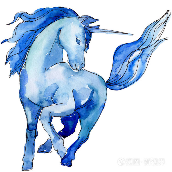 可爱的蓝色独角兽马隔绝白色背景插图集童话般的孩子甜蜜的梦想