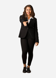 邀请有礼全身年轻的女人伸出手来迎接某人照片