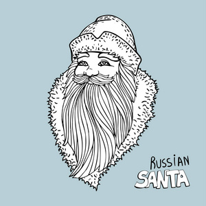 俄罗斯圣诞老人的肖像。黑白向量用雪花速写插图。图标传统的新年字符。为着色书概述