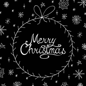矢量圣诞贺卡与雪花在涂鸦风格。圣诞快乐黑色背景与书法字母