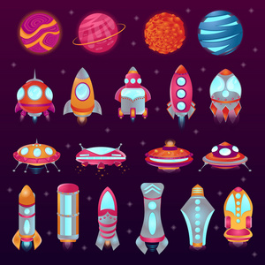 一套空间五颜六色的卡通人物。行星, 火箭, 不明飞行物, 飞碟
