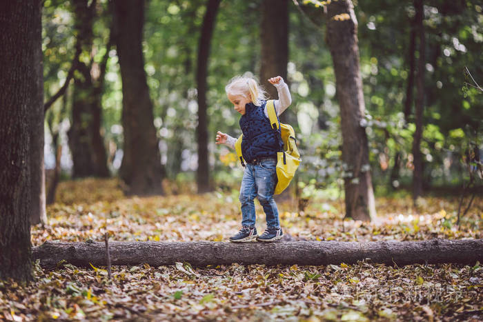 婴儿徒步旅行大有趣的背包在秋天森林公园