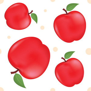 矢量苹果无缝图案。 红色苹果和叶子的无缝背景。 真实矢量插图