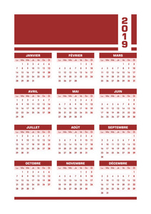 红色2019法国日历。 矢量插图与空白的内容。 所有元素排序和分组为一层，以便于版本。 可打印的肖像版
