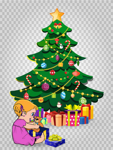 可爱的小Kawaii女婴角色开放礼物坐在装饰的圣诞树附近，许多礼物孤立在透明的背景上。 矢量夹艺术元素贺卡设计