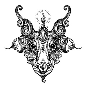 五角星在恶魔 baphomet 的头上.撒旦山羊头.二进制撒旦符号照片