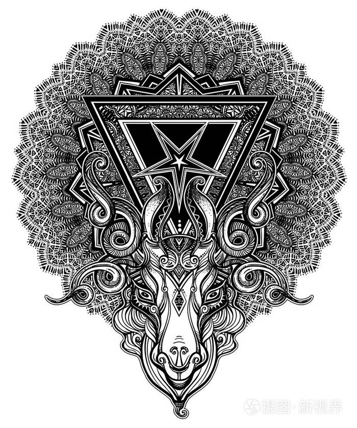 五角星在恶魔 baphomet 的头上.撒旦山羊头.二进制撒旦符号