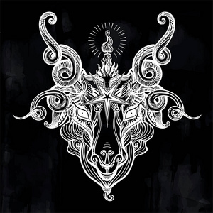 五角星在恶魔 baphomet 的头上.撒旦山羊头.二进制撒旦符号照片