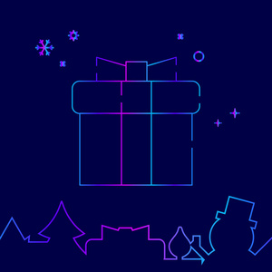 圣诞礼品矢量线图标, 符号, 象形文字, 在深蓝色背景上的标志。相关的底部边框