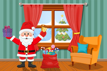 圣诞老人在房间与圣诞树和礼物