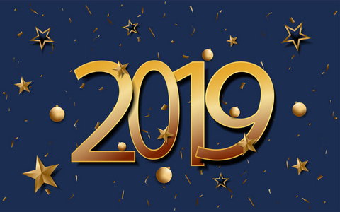 金色号码2019圣诞明星和球在深蓝色背景。 新年快乐卡片设计。 矢量插图