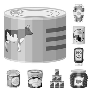矢量设计的 can 和食品的图标。罐头和包装股票载体例证的汇集