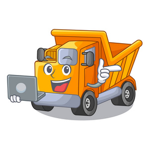 桌子上有笔记本电脑卡通卡车,学习矢量插图照片