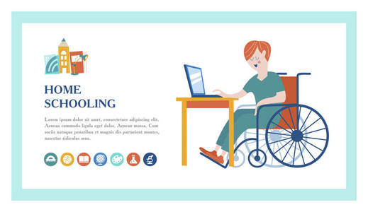 家庭教育。 这个男孩是一个坐轮椅的残疾人，在家接受教育。 在线学习。 矢量图。 登陆页面的模板。 家庭学校的概念。